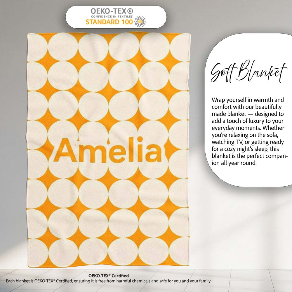 Warm Mustard Background with Cream Circle Repeat Seamless Pattern Personalised Custom Name Super Soft Fleece Blanket Bed Sofa Throw