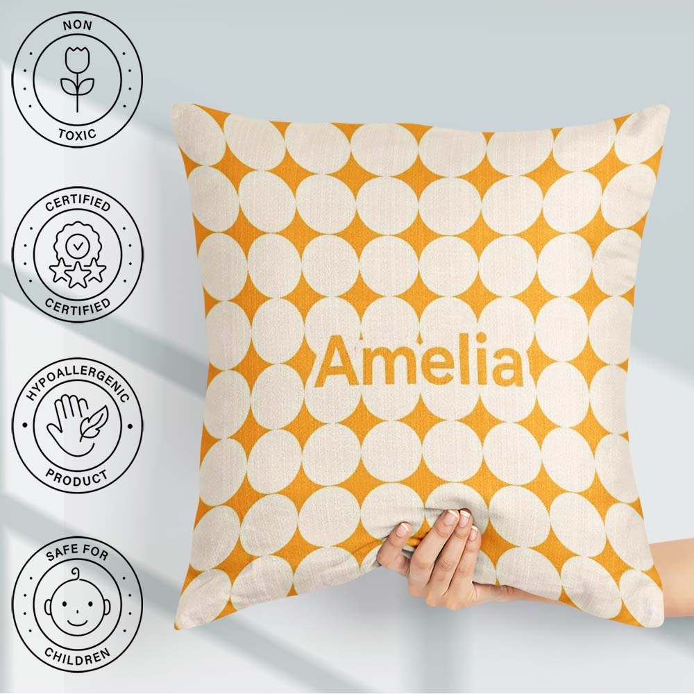 Custom Name Warm Mustard Background Cream Circle Repeat Seamless Square Filled Cushion Throw Pillow Sofa Bed Home Decor Zip Washable UK Made