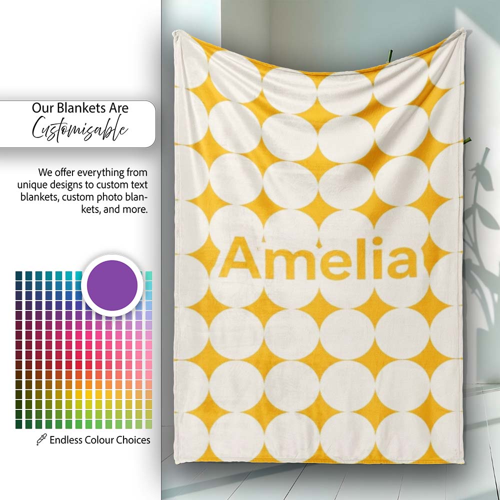 Warm Mustard Background with Cream Circle Repeat Seamless Pattern Personalised Custom Name Super Soft Fleece Blanket Bed Sofa Throw