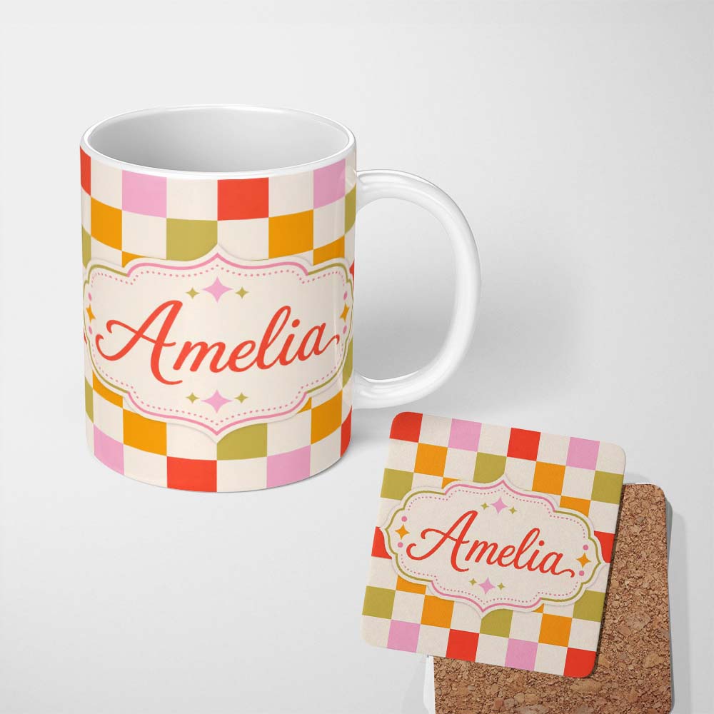 Personalized Custom Name Vintage Pastel Checkerboard Squares Seamless Pattern Name Cute 11oz Ceramic Coffee Tea Mug White Large Handle
