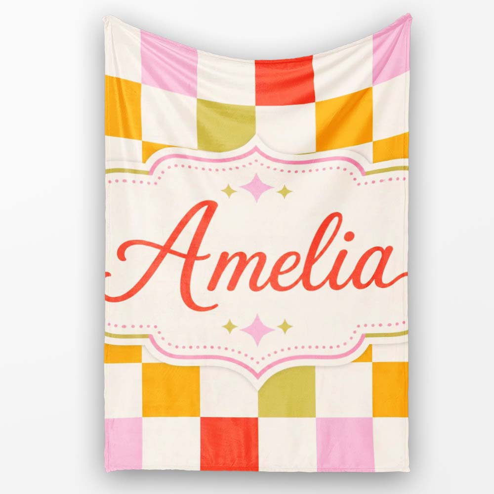 Vintage Pastel Checkerboard Squares Seamless Pattern Name Cute Personalised Custom Name Super Soft Fleece Blanket Bed Sofa Throw