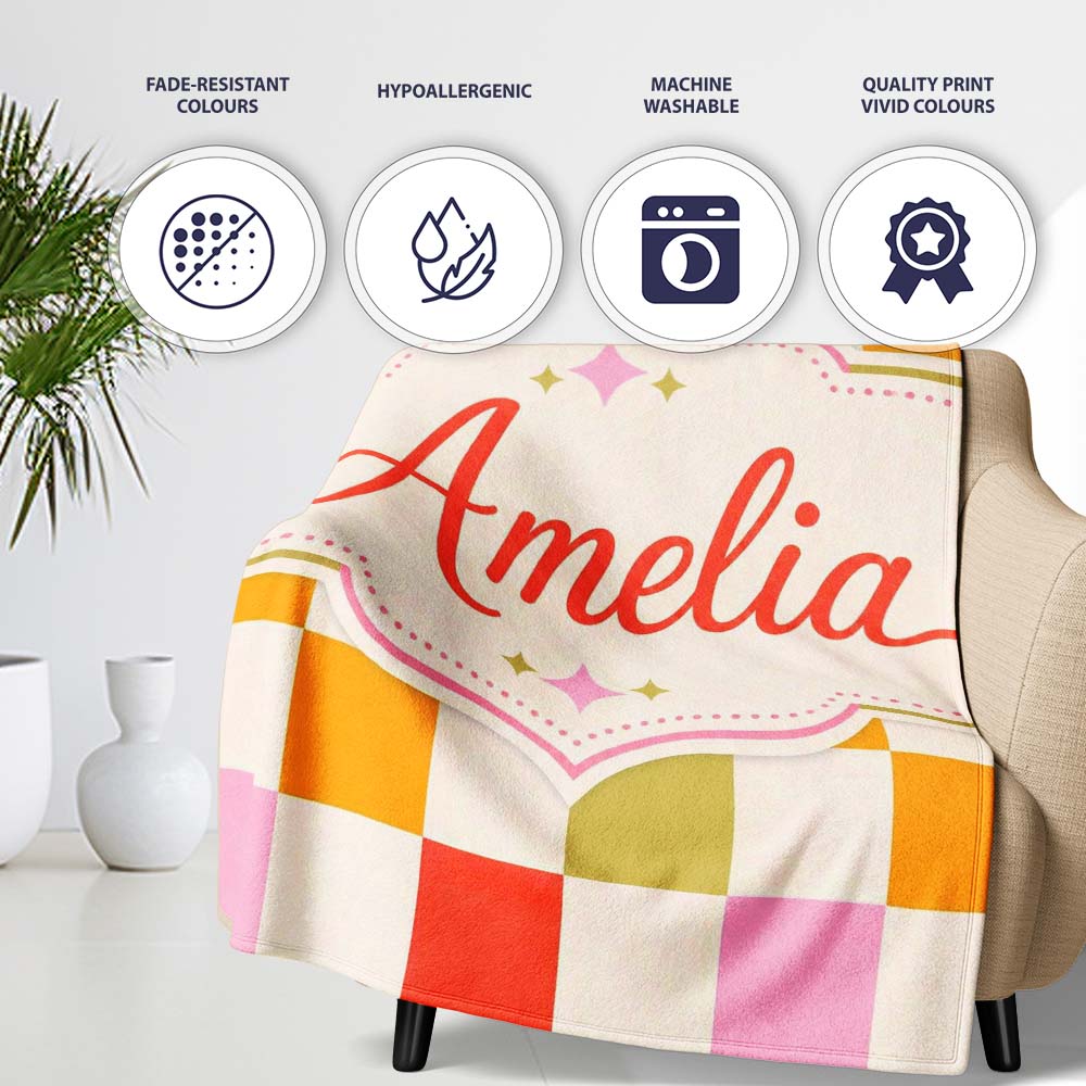 Vintage Pastel Checkerboard Squares Seamless Pattern Name Cute Personalised Custom Name Super Soft Fleece Blanket Bed Sofa Throw