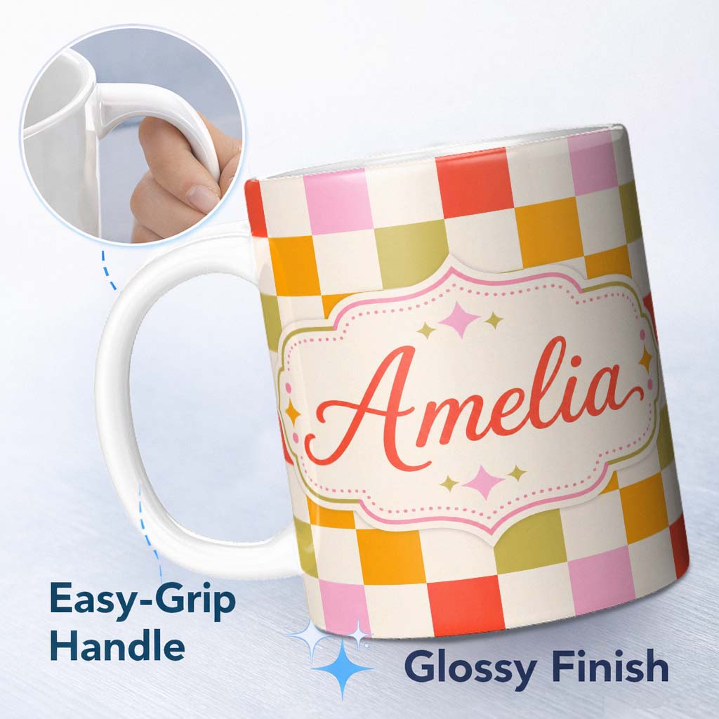 Personalized Custom Name Vintage Pastel Checkerboard Squares Seamless Pattern Name Cute 11oz Ceramic Coffee Tea Mug White Large Handle