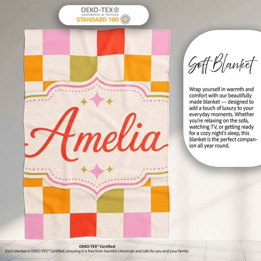Vintage Pastel Checkerboard Squares Seamless Pattern Name Cute Personalised Custom Name Super Soft Fleece Blanket Bed Sofa Throw