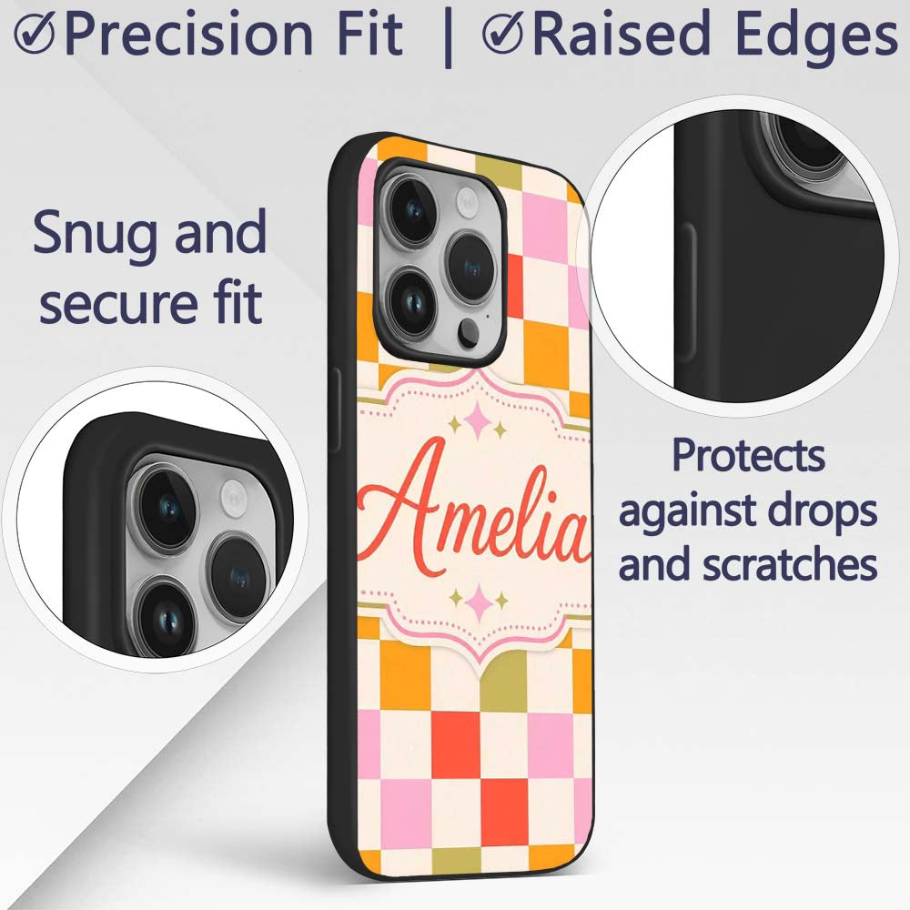 Vintage Pastel Checkerboard Squares Seamless Custom Name Protective Phone Case Mobile Cover Durable Everyday Smartphone Shock Resistant