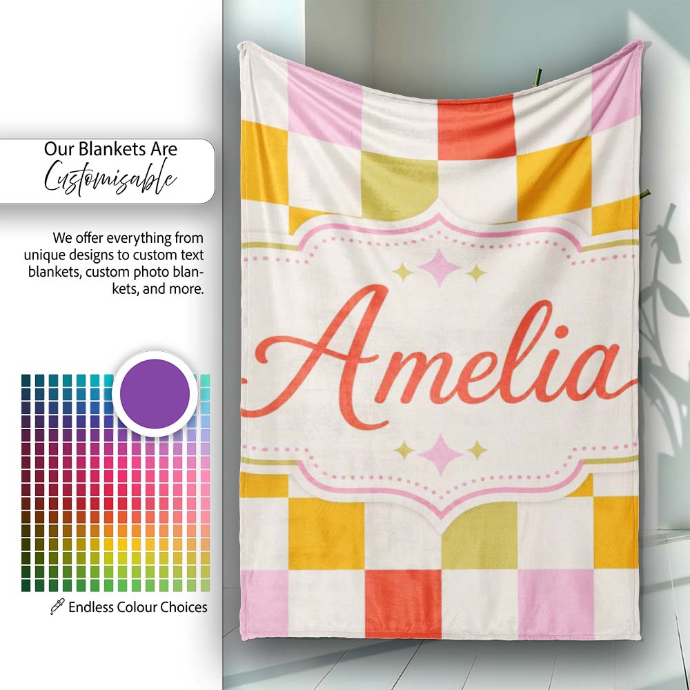 Vintage Pastel Checkerboard Squares Seamless Pattern Name Cute Personalised Custom Name Super Soft Fleece Blanket Bed Sofa Throw
