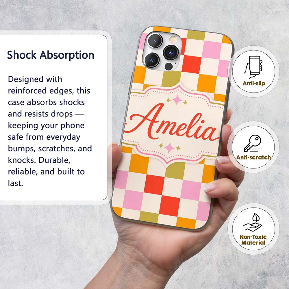 Vintage Pastel Checkerboard Squares Seamless Custom Name Protective Phone Case Mobile Cover Durable Everyday Smartphone Shock Resistant