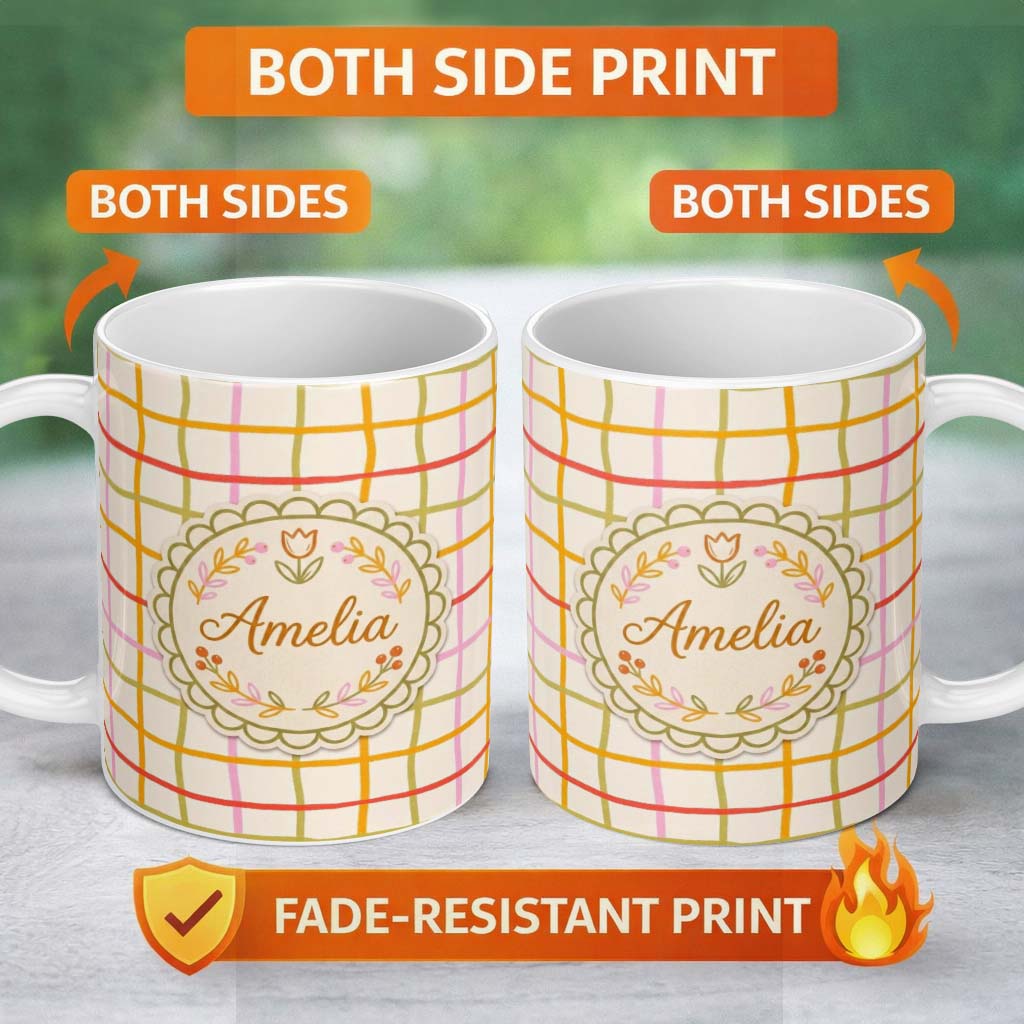 Personalized Custom Name Hand Drawn Wavy Grid Lines Pastel Seamless Pattern Name Cute Unique 11oz Ceramic Coffee Tea Mug White Large Handle