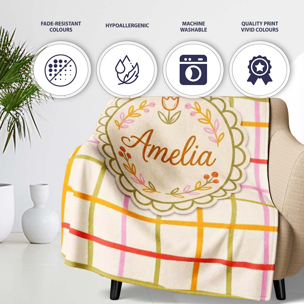 Hand Drawn Wavy Grid Lines Pastel Seamless Pattern Name Cute Unique Personalised Custom Name Super Soft Fleece Blanket Bed Sofa Throw