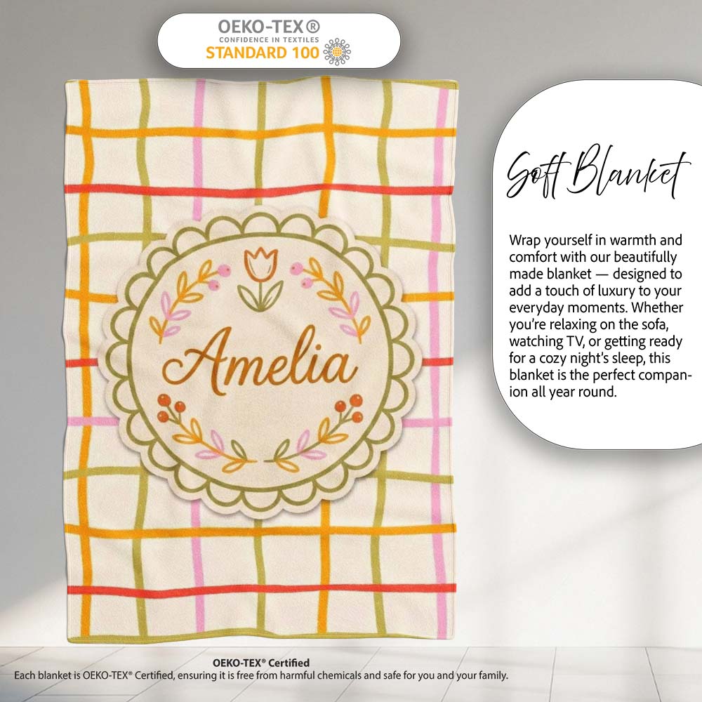 Hand Drawn Wavy Grid Lines Pastel Seamless Pattern Name Cute Unique Personalised Custom Name Super Soft Fleece Blanket Bed Sofa Throw