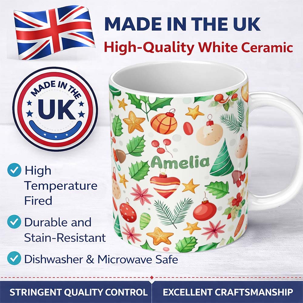 Personalized Custom Name Colorful Christmas Ornament Holly Star Festive Seamless Pattern 11oz Ceramic Coffee Tea Mug White Large Handle