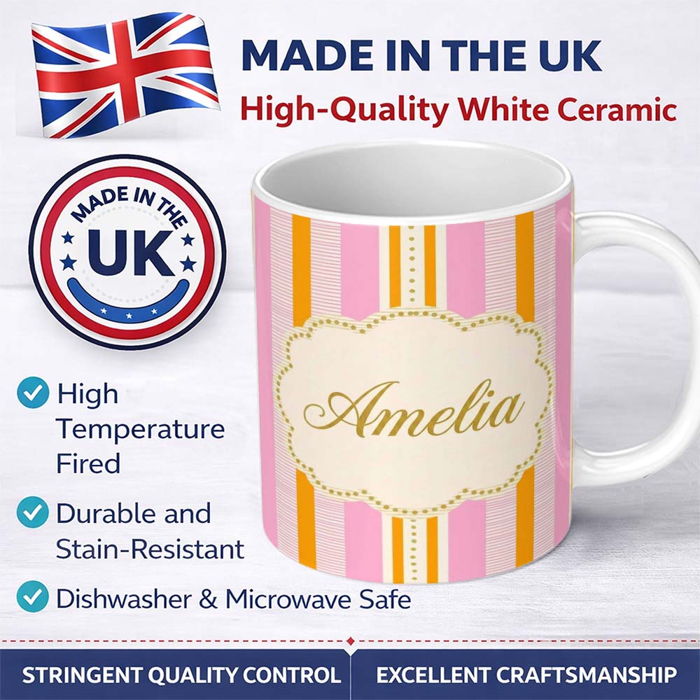 Personalized Custom Name Modern Pink Stripe and Dot Abstract Seamless Pattern Name Cute 11oz Ceramic Coffee Tea Mug White Large Handle
