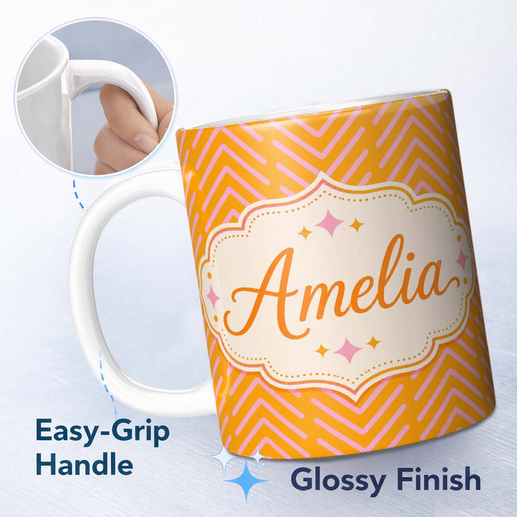 Personalized Custom Name Pink Chevron Lines on Mustard Background Seamless Pattern Custom 11oz Ceramic Coffee Tea Mug White Large Handle