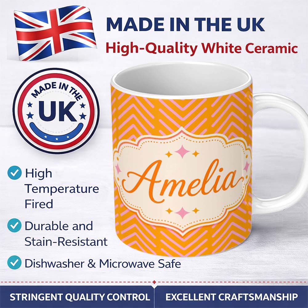 Personalized Custom Name Pink Chevron Lines on Mustard Background Seamless Pattern Custom 11oz Ceramic Coffee Tea Mug White Large Handle