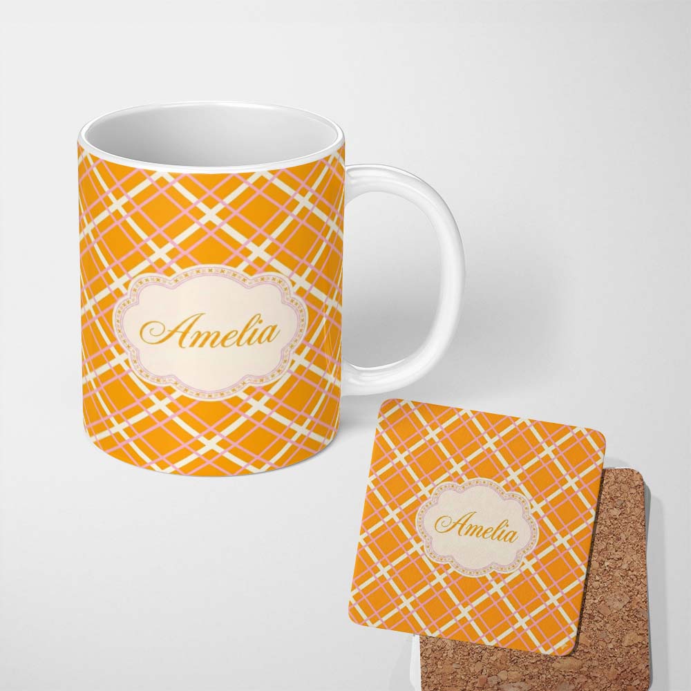 Personalized Custom Name Pink and Cream Lattice Grid on Mustard Geometric Seamless Pattern 11oz Ceramic Coffee Tea Mug White Large Handle