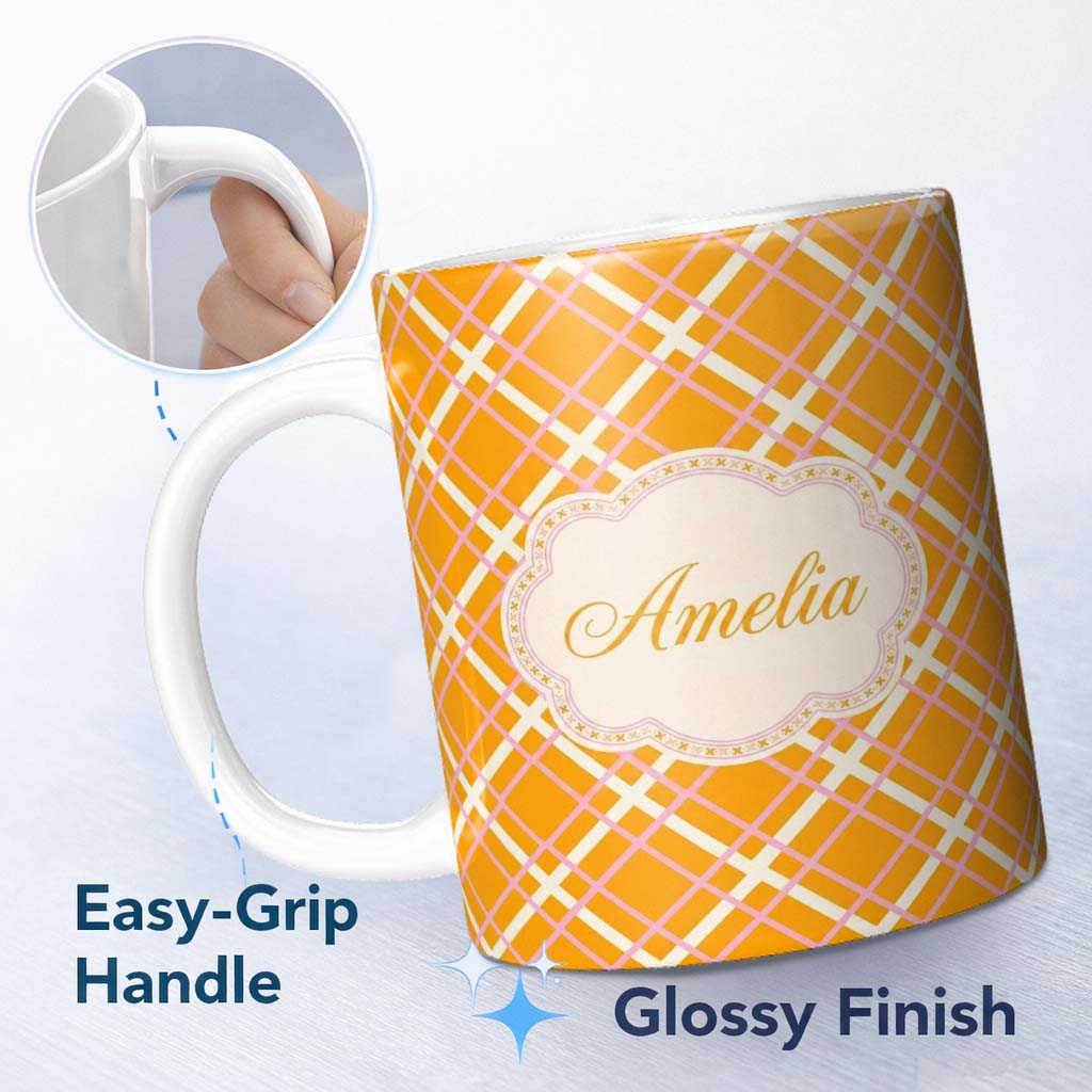 Personalized Custom Name Pink and Cream Lattice Grid on Mustard Geometric Seamless Pattern 11oz Ceramic Coffee Tea Mug White Large Handle