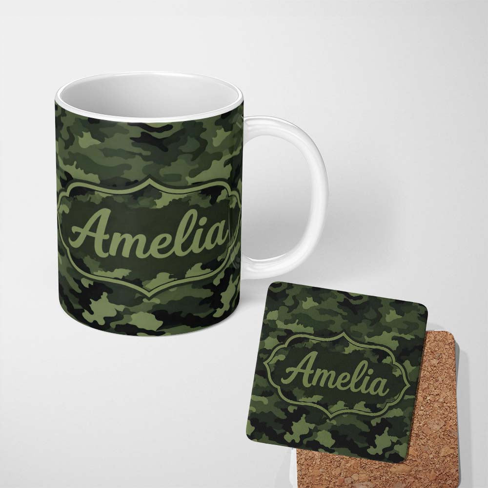 Personalized Custom Name Dark Green Military Camouflage Seamless Pattern Cute Unique Gift 11oz Ceramic Coffee Tea Mug White Large Handle