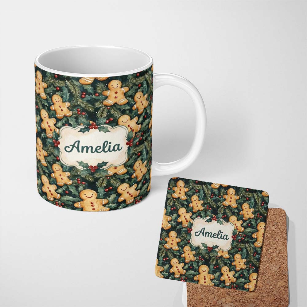 Personalized Custom Name Festive Gingerbread Cookies with Holly Leaves Seamless Pattern Name 11oz Ceramic Coffee Tea Mug White Large Handle