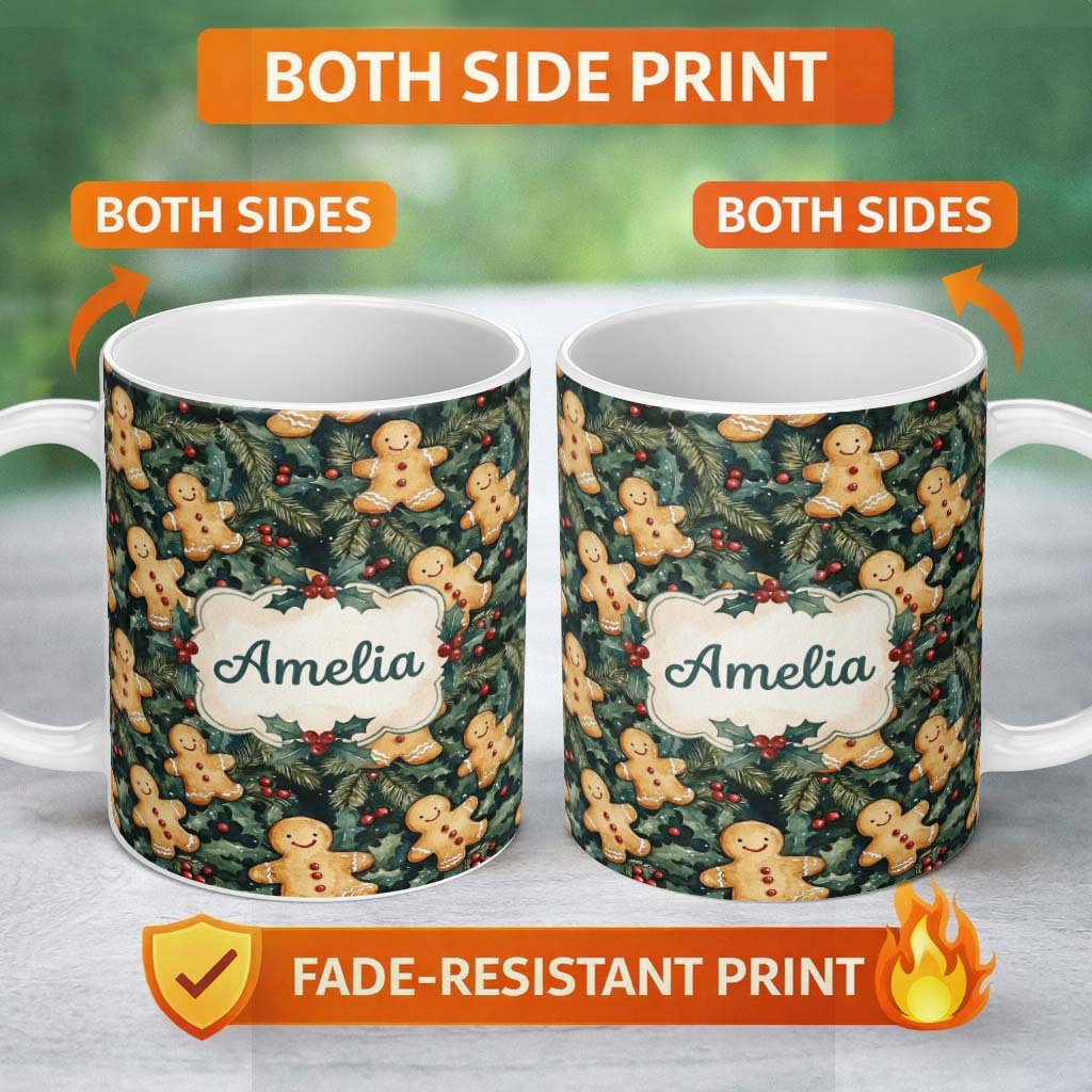 Personalized Custom Name Festive Gingerbread Cookies with Holly Leaves Seamless Pattern Name 11oz Ceramic Coffee Tea Mug White Large Handle