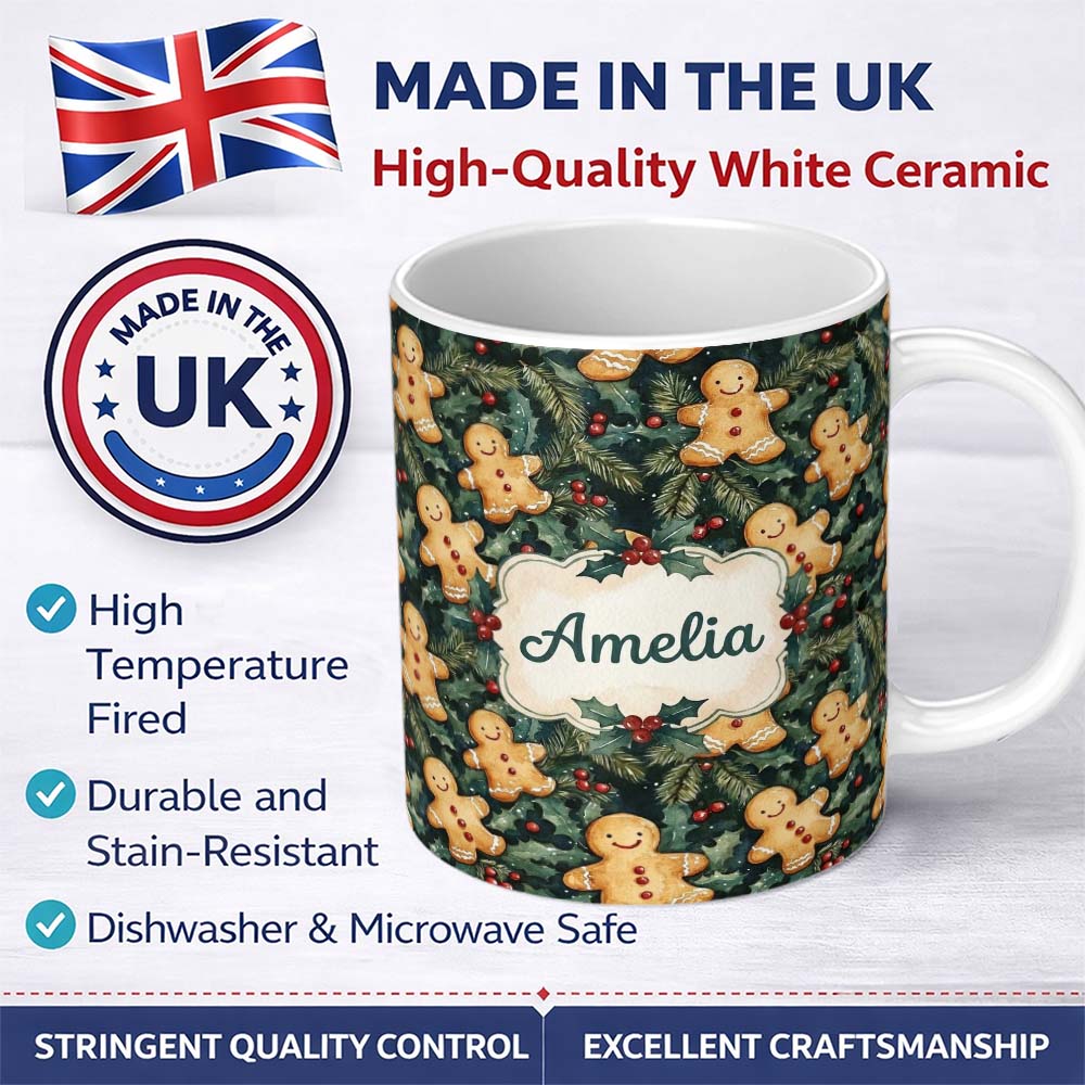 Personalized Custom Name Festive Gingerbread Cookies with Holly Leaves Seamless Pattern Name 11oz Ceramic Coffee Tea Mug White Large Handle