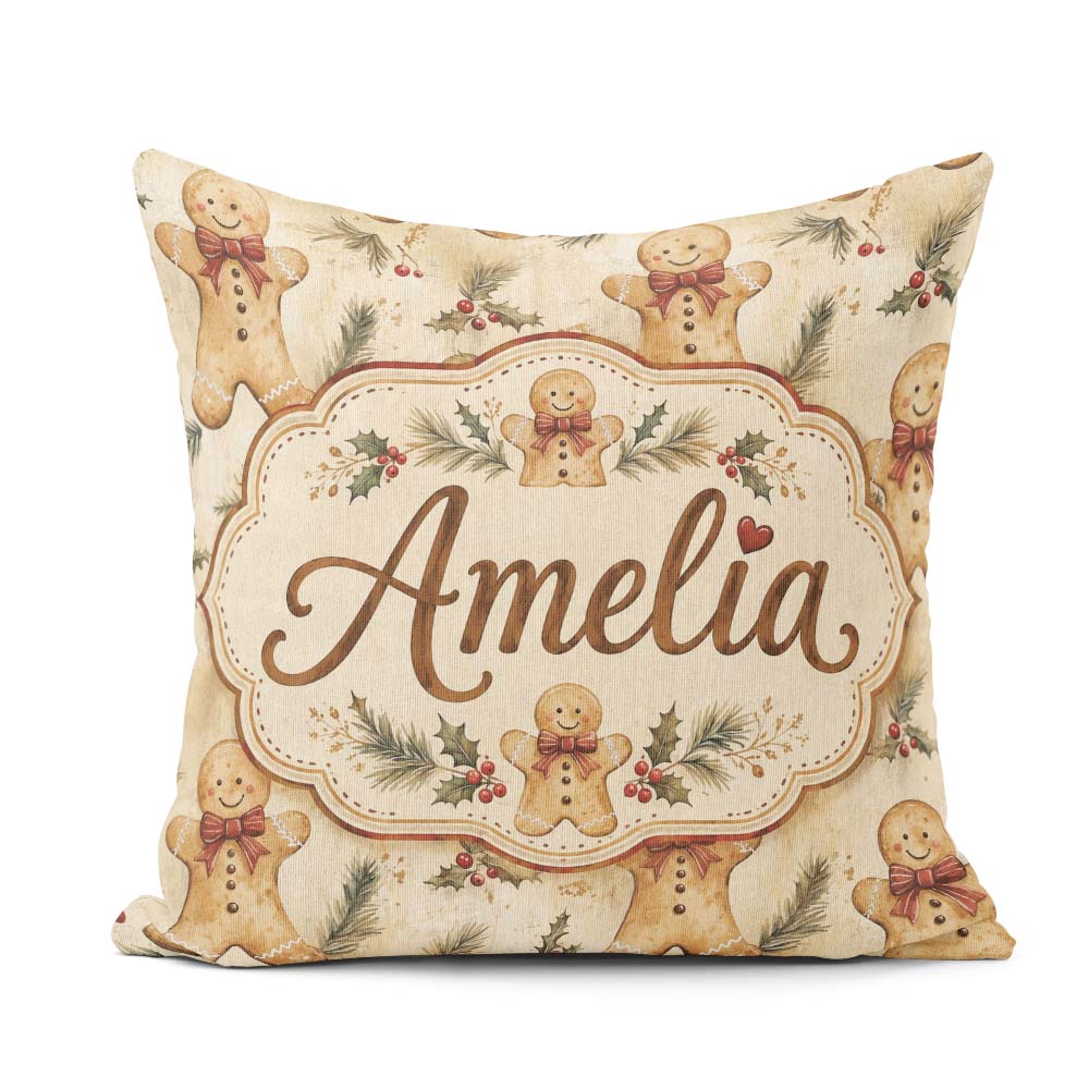 Custom Name Gingerbread Men with Bows and Pine Branches Seamless Square Filled Cushion Throw Pillow Sofa Bed Home Decor Zip Washable UK Made