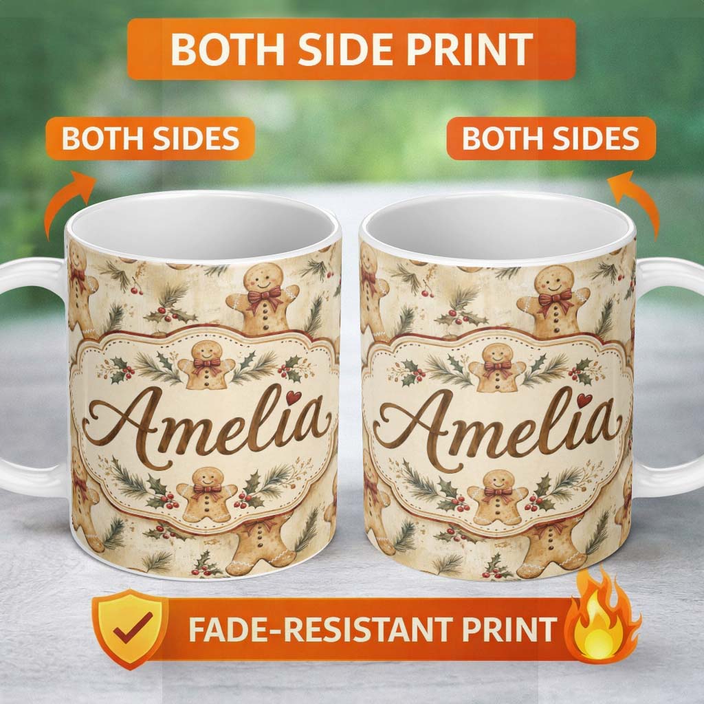 Personalized Custom Name Vintage Gingerbread Men with Bows and Pine Branches Seamless 11oz Ceramic Coffee Tea Mug White Large Handle