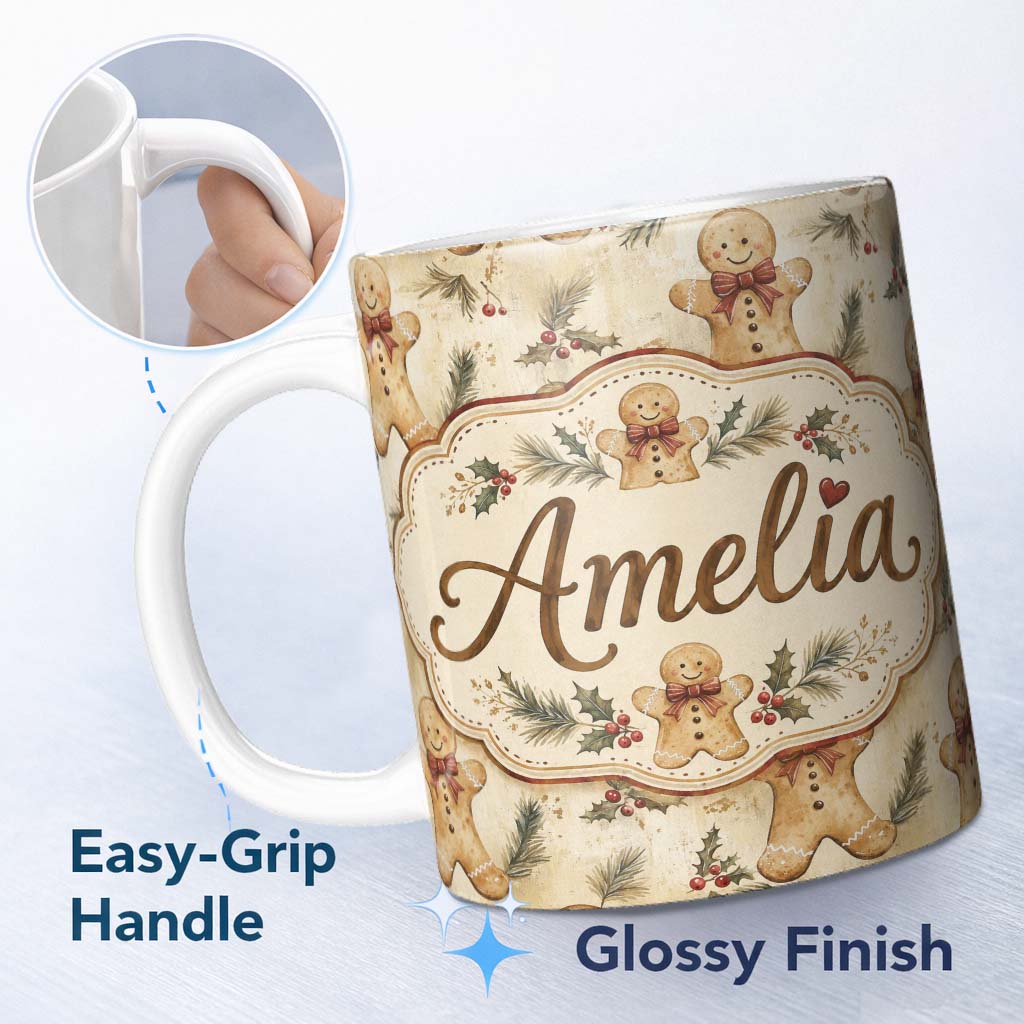 Personalized Custom Name Vintage Gingerbread Men with Bows and Pine Branches Seamless 11oz Ceramic Coffee Tea Mug White Large Handle