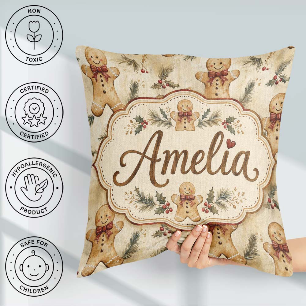Custom Name Gingerbread Men with Bows and Pine Branches Seamless Square Filled Cushion Throw Pillow Sofa Bed Home Decor Zip Washable UK Made