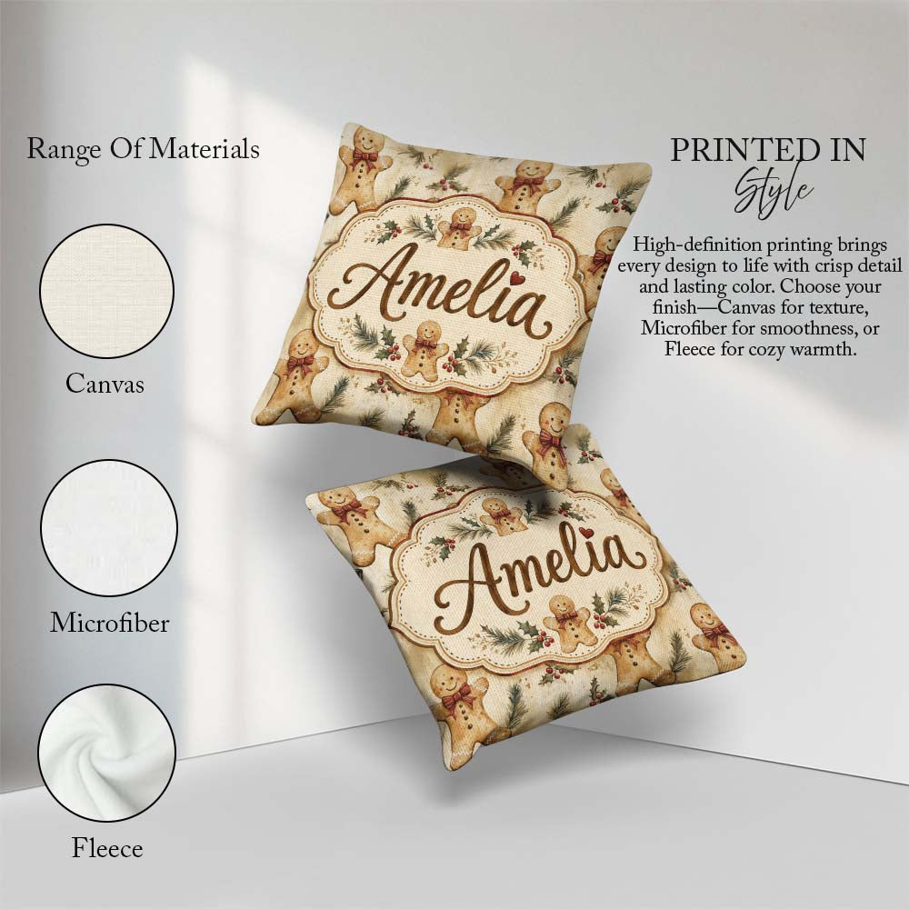 Custom Name Gingerbread Men with Bows and Pine Branches Seamless Square Filled Cushion Throw Pillow Sofa Bed Home Decor Zip Washable UK Made