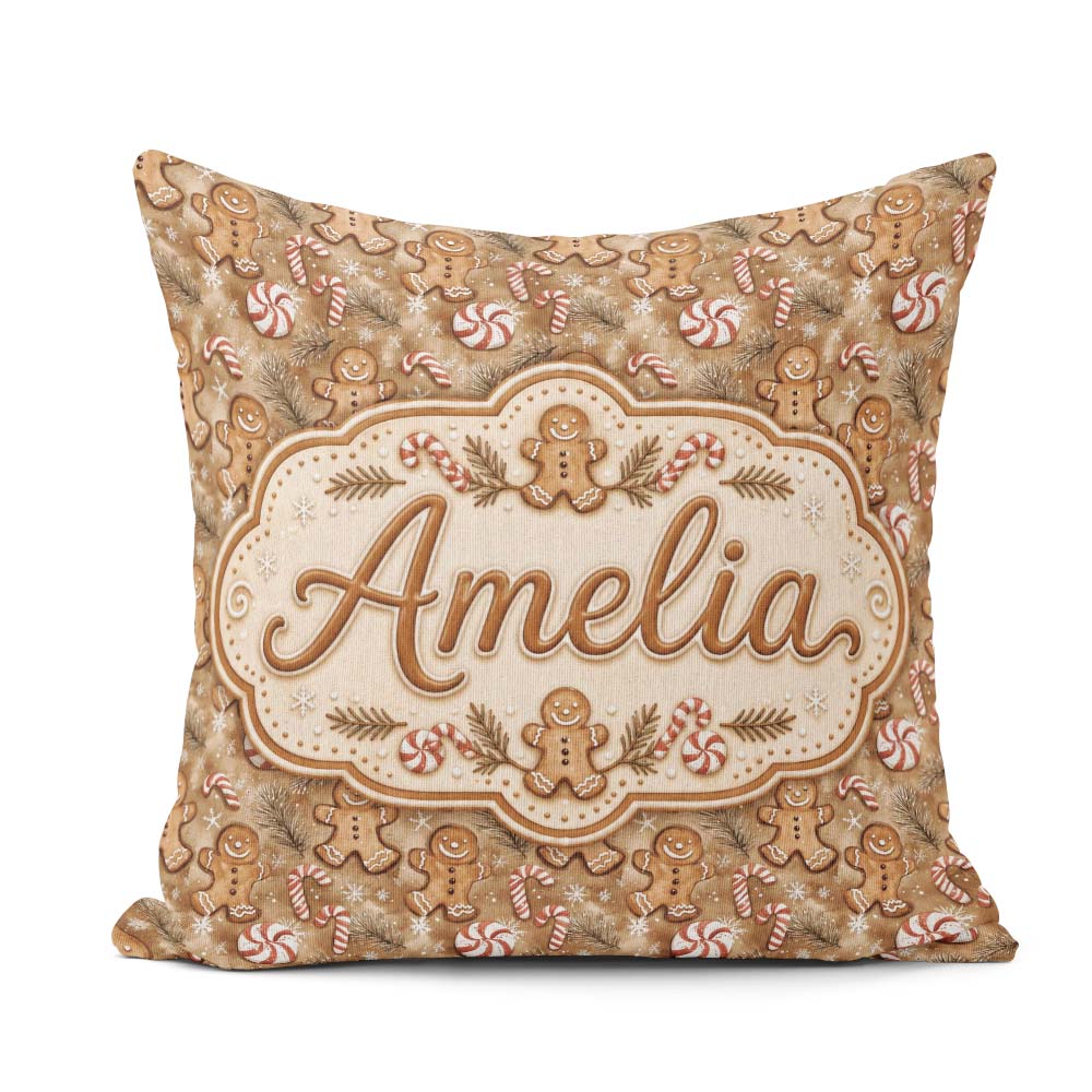 Custom Name Christmas Gingerbread and Candy Cane Holiday Pattern Square Filled Cushion Throw Pillow Sofa Bed Home Decor Zip Washable UK Made