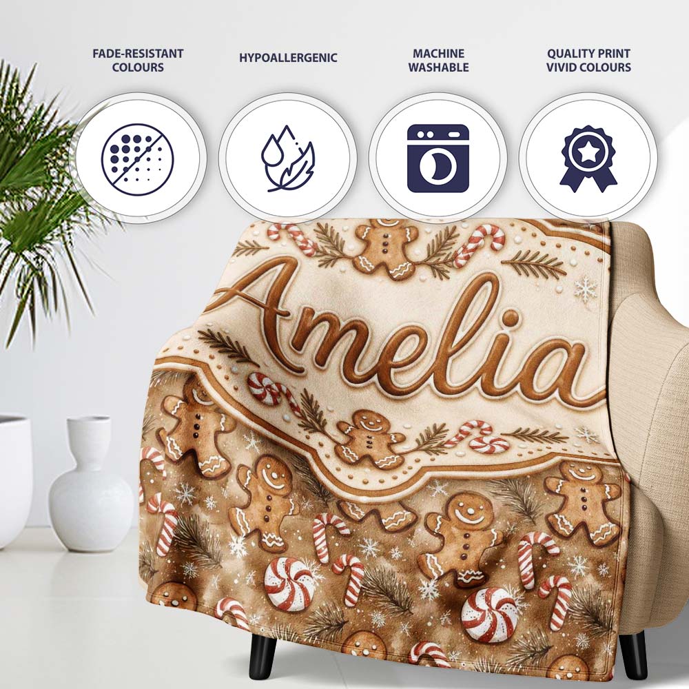 Christmas Gingerbread and Candy Cane Holiday Seamless Pattern Name Personalised Custom Name Super Soft Fleece Blanket Bed Sofa Throw