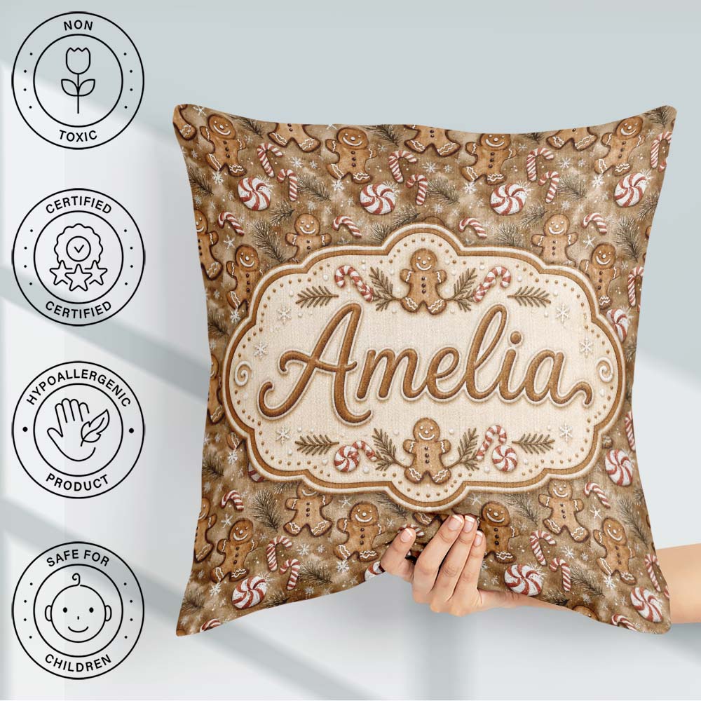 Custom Name Christmas Gingerbread and Candy Cane Holiday Pattern Square Filled Cushion Throw Pillow Sofa Bed Home Decor Zip Washable UK Made