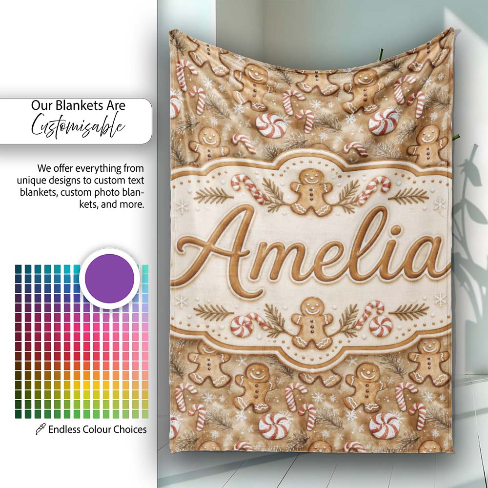 Christmas Gingerbread and Candy Cane Holiday Seamless Pattern Name Personalised Custom Name Super Soft Fleece Blanket Bed Sofa Throw
