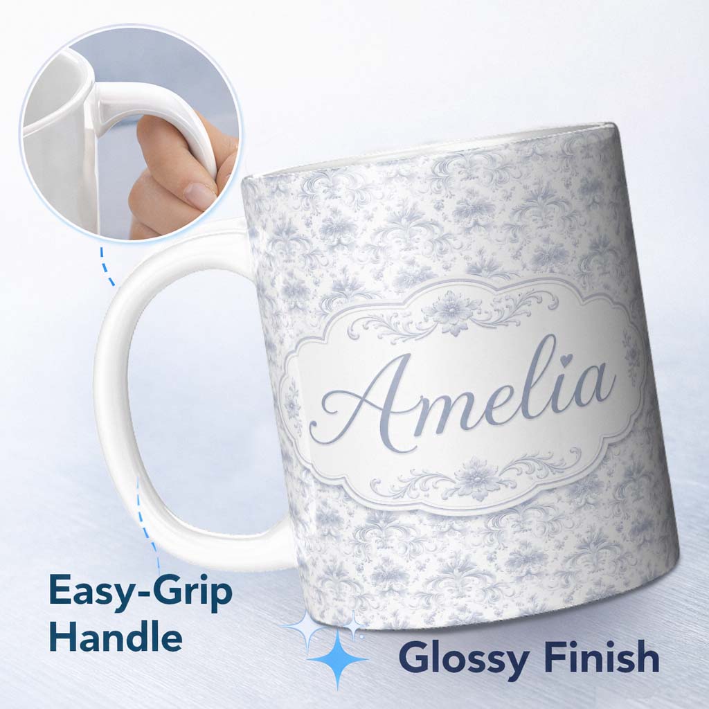 Personalized Custom Name Elegant Soft Grey Damask Floral Ornamental Seamless Pattern Lovely 11oz Ceramic Coffee Tea Mug White Large Handle