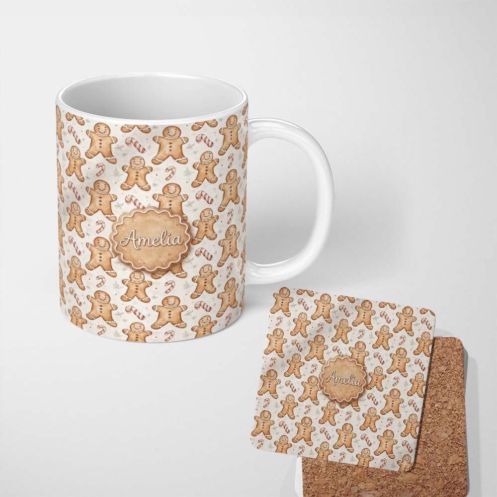 Personalized Custom Name Cute Gingerbread Cookies with Candy Canes Seamless Pattern Name 11oz Ceramic Coffee Tea Mug White Large Handle