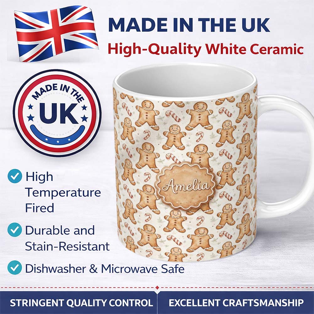 Personalized Custom Name Cute Gingerbread Cookies with Candy Canes Seamless Pattern Name 11oz Ceramic Coffee Tea Mug White Large Handle