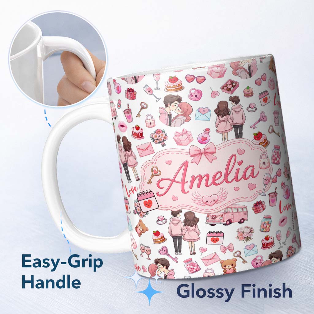 Personalized Custom Name Cute Love Couple Gifts Cakes Teddy Bear Pattern Light Grey Lovely 11oz Ceramic Coffee Tea Mug White Large Handle