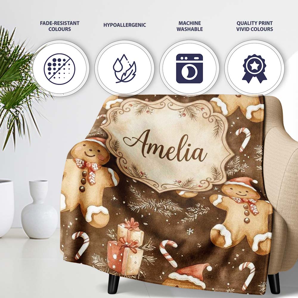 Gingerbread Men with Santa Hats and Gifts Seamless Pattern Name Cute Personalised Custom Name Super Soft Fleece Blanket Bed Sofa Throw