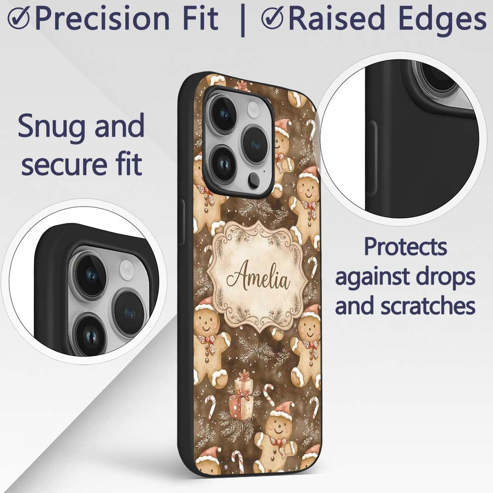 Gingerbread Men with Santa Hats Printed Design Custom Name Protective Phone Case Mobile Cover Durable Everyday Smartphone Shock Resistant