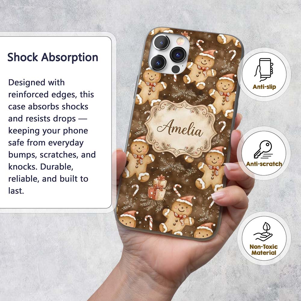 Gingerbread Men with Santa Hats Printed Design Custom Name Protective Phone Case Mobile Cover Durable Everyday Smartphone Shock Resistant
