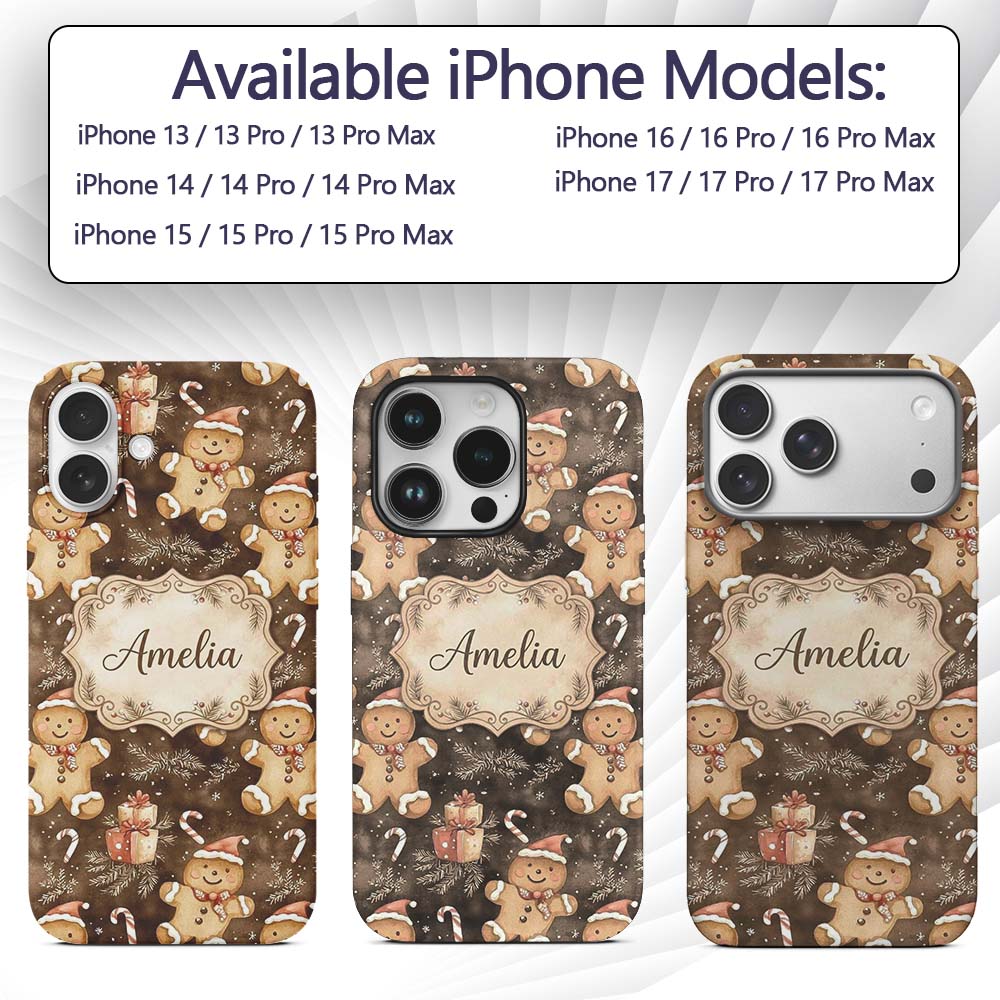 Gingerbread Men with Santa Hats Printed Design Custom Name Protective Phone Case Mobile Cover Durable Everyday Smartphone Shock Resistant