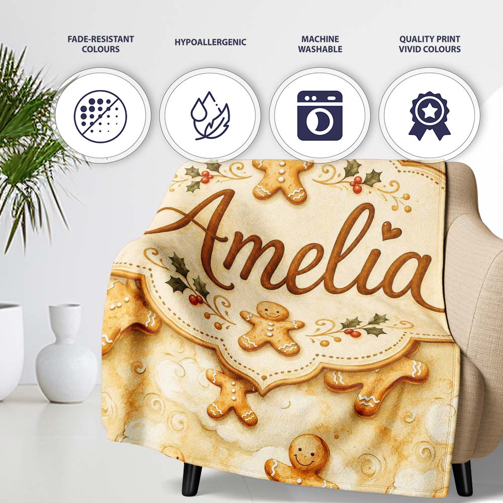 Cute Gingerbread Cookies on Soft Cloud Background Seamless Pattern Personalised Custom Name Super Soft Fleece Blanket Bed Sofa Throw