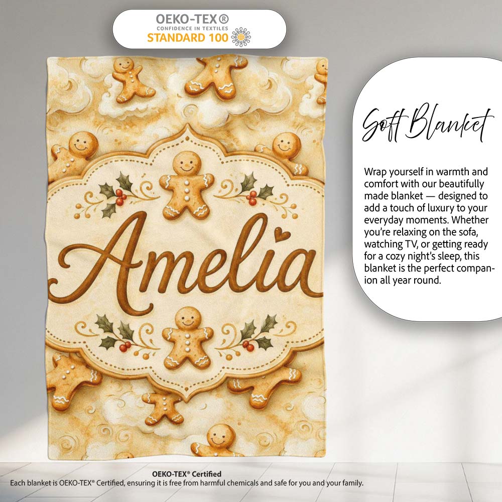 Cute Gingerbread Cookies on Soft Cloud Background Seamless Pattern Personalised Custom Name Super Soft Fleece Blanket Bed Sofa Throw