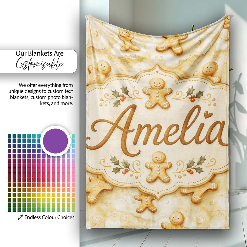 Cute Gingerbread Cookies on Soft Cloud Background Seamless Pattern Personalised Custom Name Super Soft Fleece Blanket Bed Sofa Throw