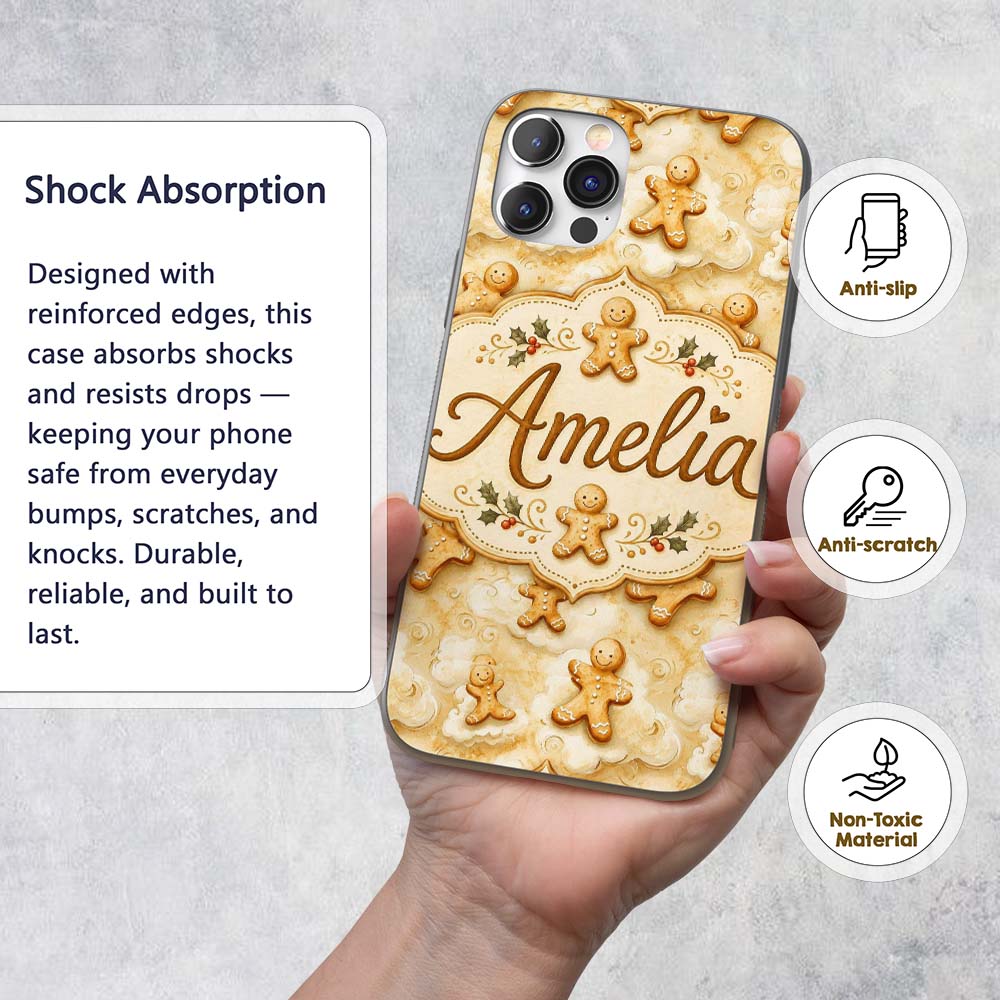 Cute Gingerbread Cookies on Soft Cloud Background Custom Name Protective Phone Case Mobile Cover Durable Everyday Smartphone Shock Resistant