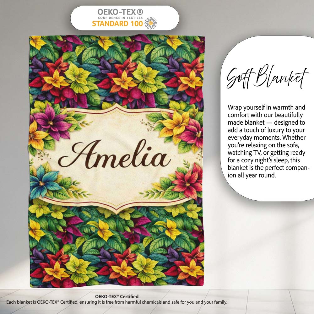 Multicolor Tropical Leaves Dense Botanical Seamless Pattern Lovely Personalised Custom Name Super Soft Fleece Blanket Bed Sofa Throw