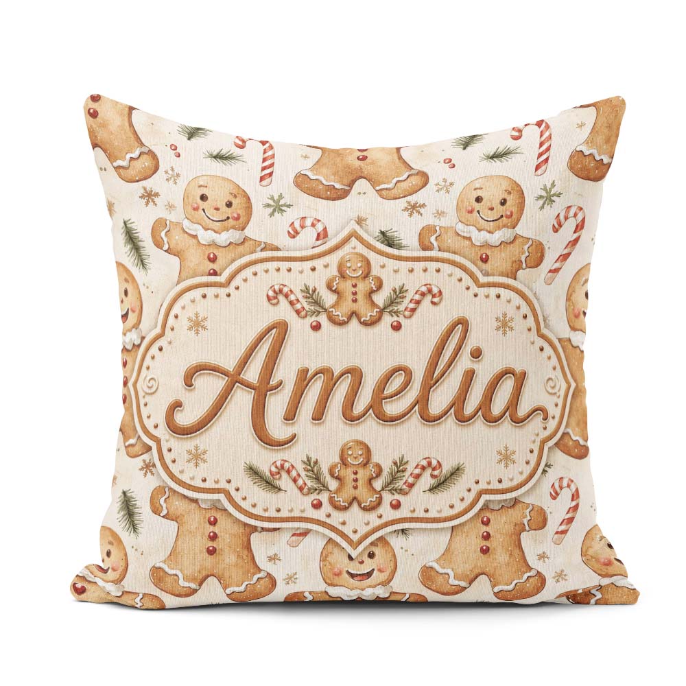 Custom Name Gingerbread Cookies with Candy Canes and Pine Sprigs Square Filled Cushion Throw Pillow Sofa Bed Home Decor Zip Washable UK Made