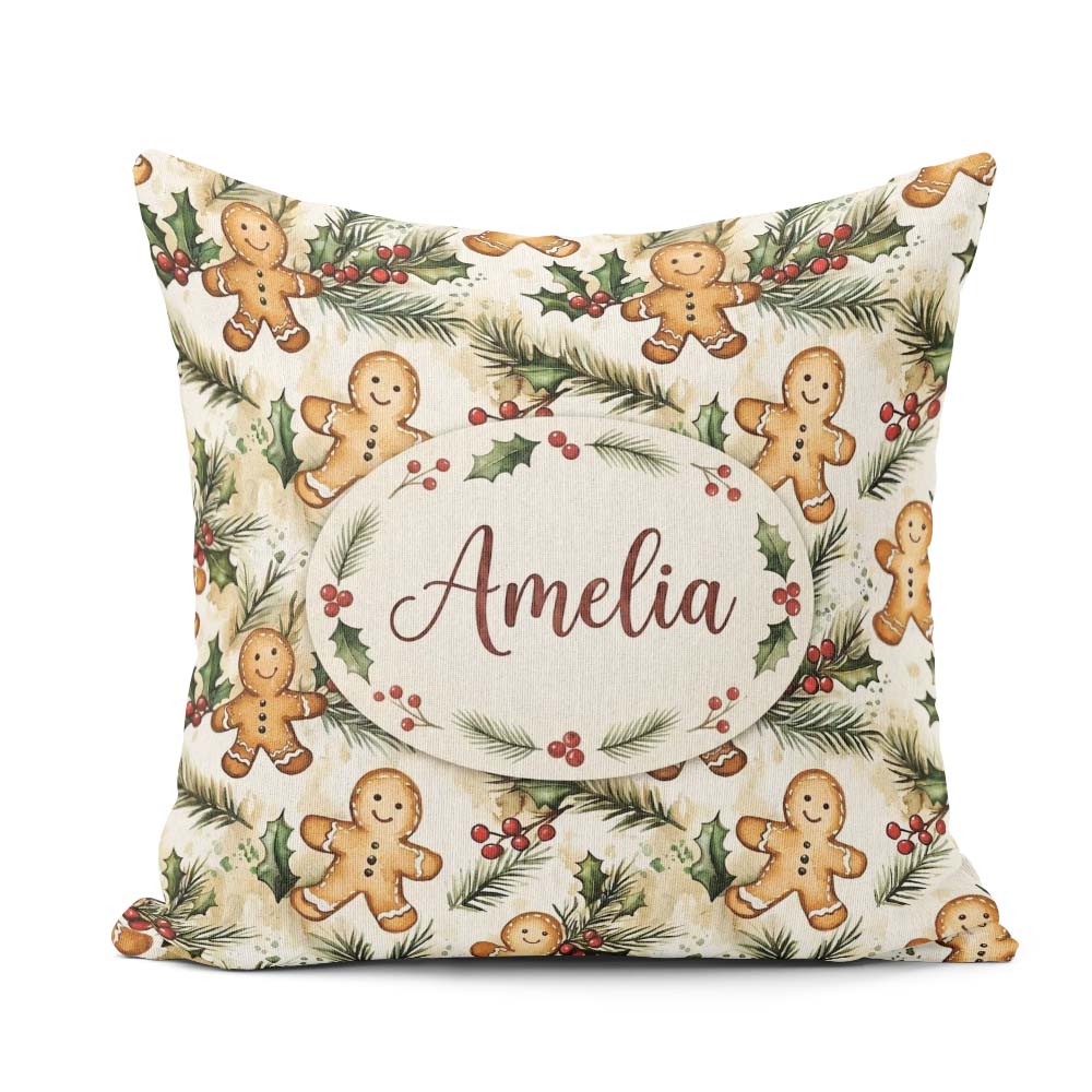 Custom Name Cute Cookies with Holly and Pine Branches Seamless Square Filled Cushion Throw Pillow Sofa Bed Home Decor Zip Washable UK Made