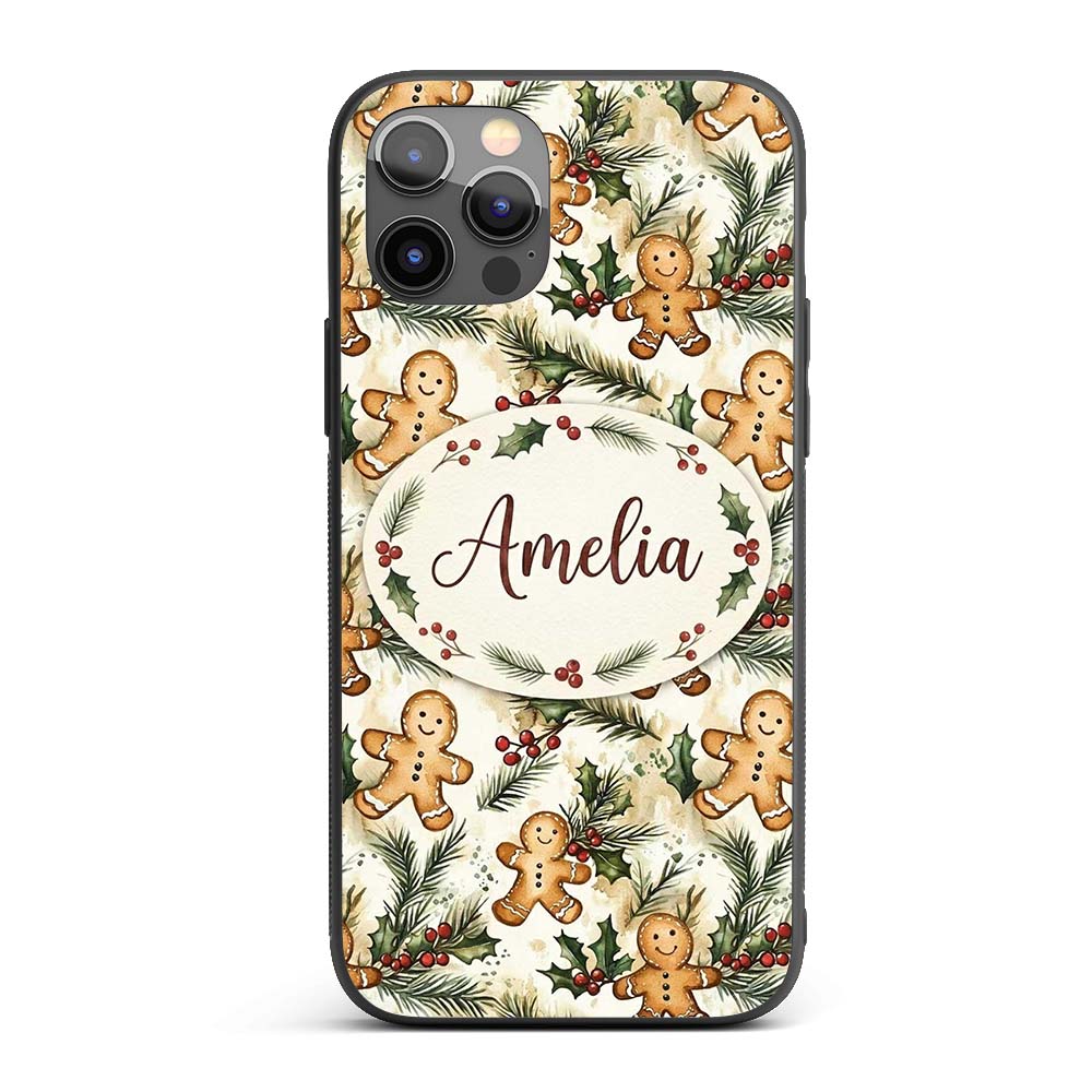 Cute Gingerbread Cookies with Holly and Pine Custom Name Protective Phone Case Mobile Cover Durable Everyday Smartphone Shock Resistant