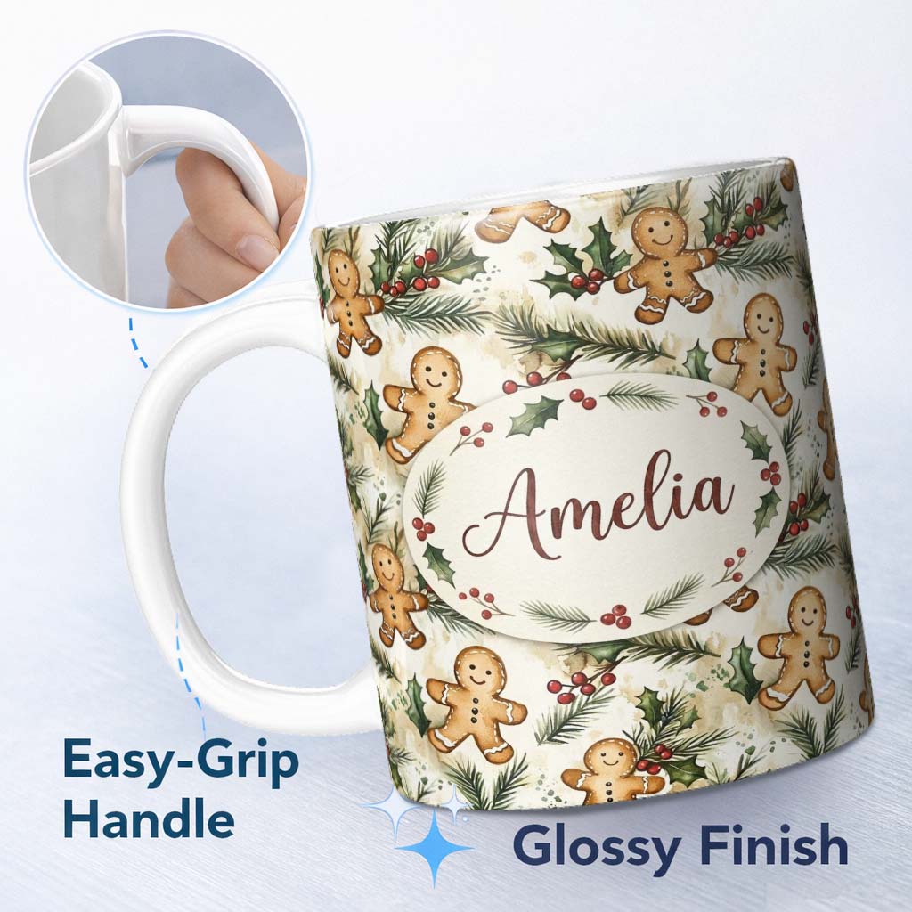 Personalized Custom Name Cute Gingerbread Cookies with Holly and Pine Branches Seamless 11oz Ceramic Coffee Tea Mug White Large Handle